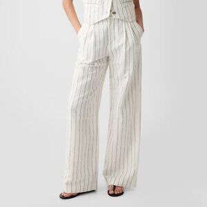 GAP 365 High Rise Linen-Cotton Trousers 8 TALL white & navy blue stripe NWT